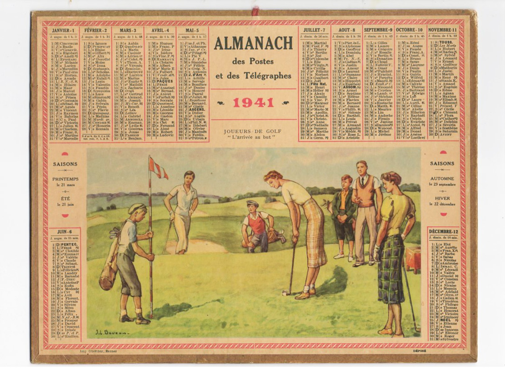 SPORT GOLF > Illustration De JL BEUZUN 1941 Calendrier Almanach Des PTT  > Joueurs De Golf "l'arrivée Au But" - Non Classés