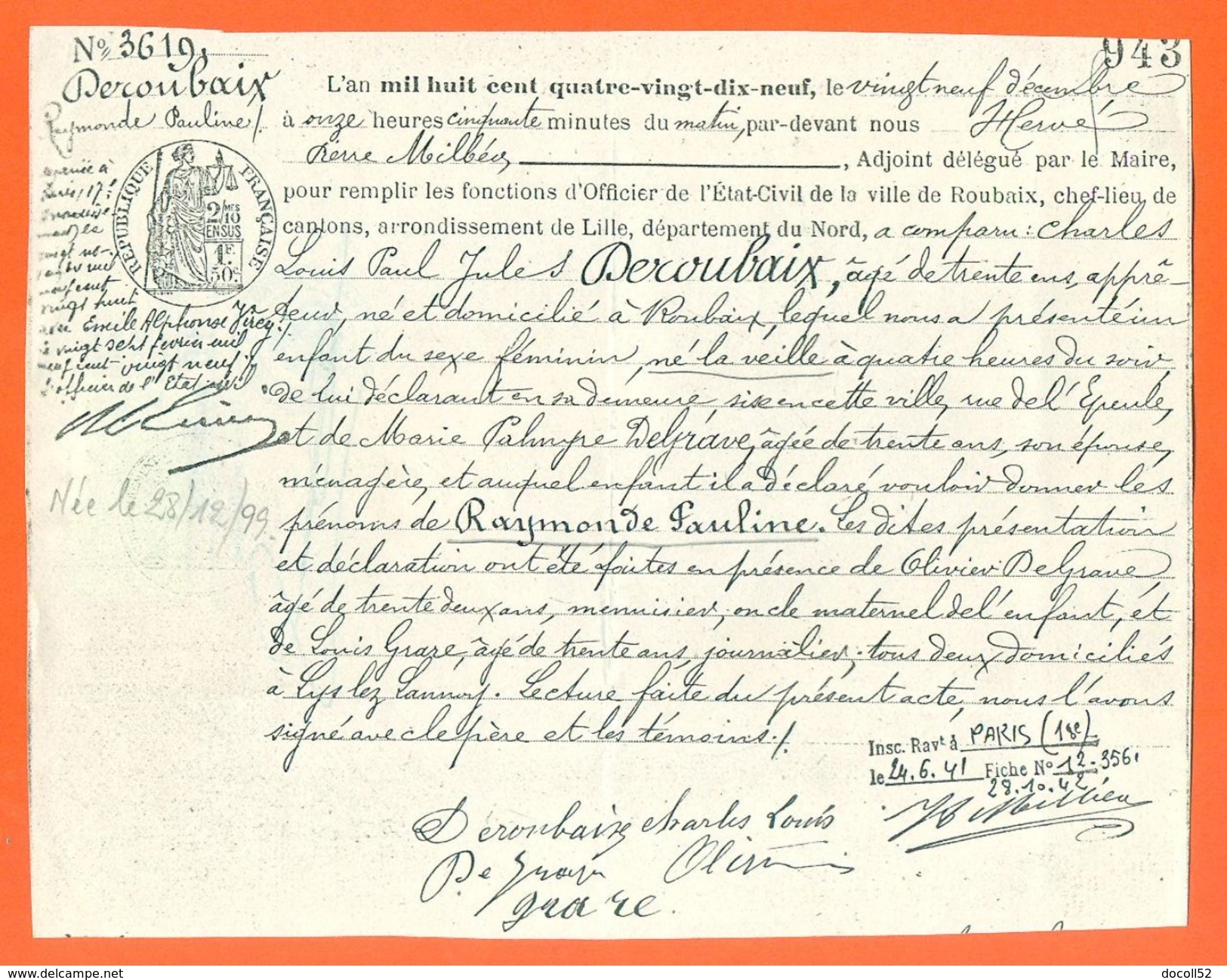 59 Roubaix - Généalogie - Extrait Acte De Naissance En 1899 - Timbre Fiscal -  2 Scans -VPAN 2 - Nacimiento & Bautizo