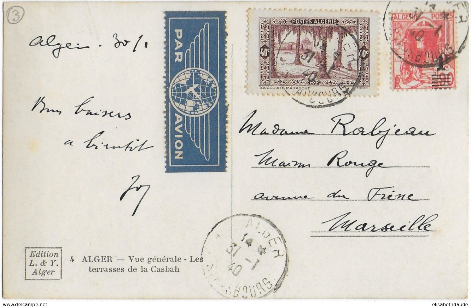 ALGERIE - 1940 - CARTE PaR AVION De ALGER => MARSEILLE - Lettres & Documents