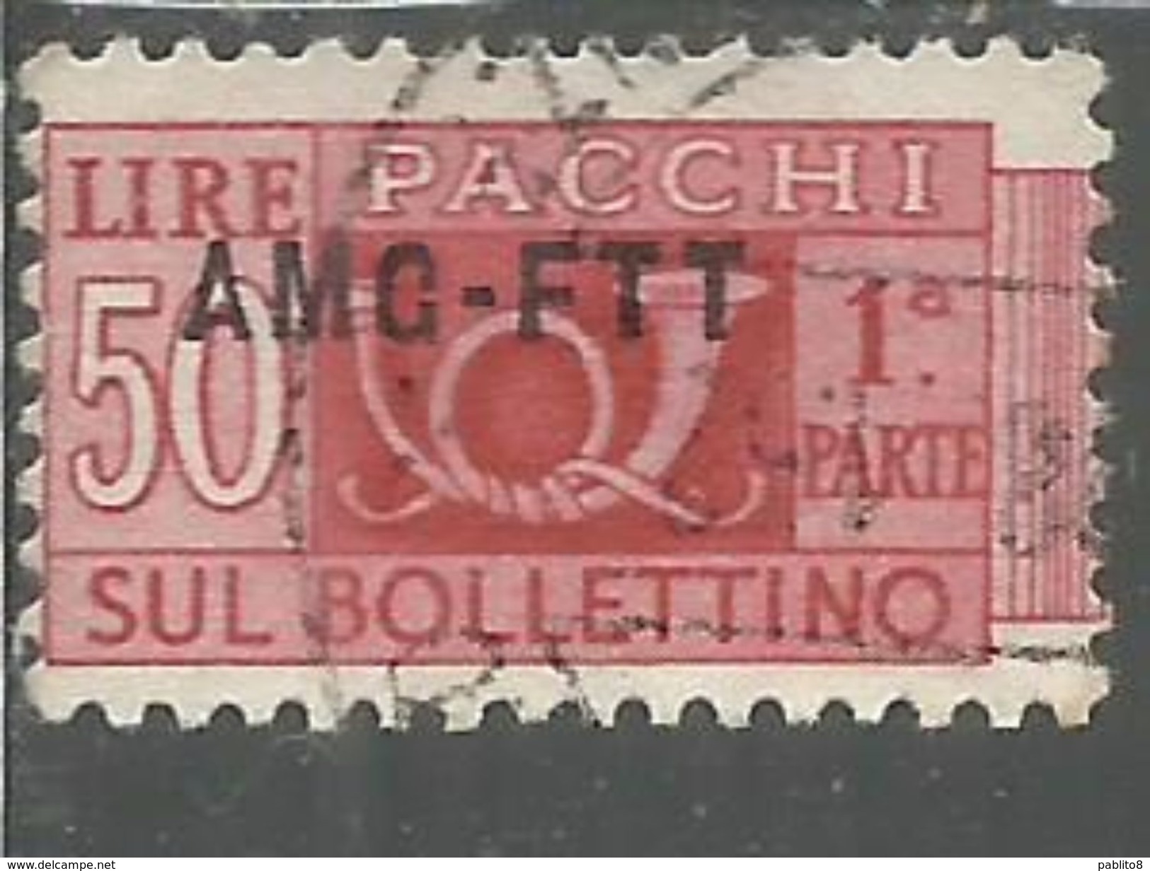 TRIESTE A 1949 - 1953 AMG - FTT ITALIA ITALY OVERPRINTED PACCHI POSTALI LIRE 50 PARTE I SINISTRA USATO USED OBLITERE' - Postpaketen/concessie