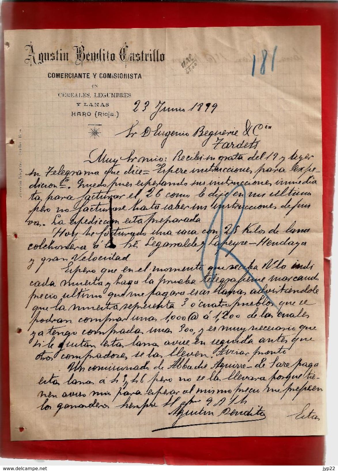 Courrier Espagne Agustin Bendito Castrillo Commerce Céréale Légumes Y Lanas Haro Rioja 23-06-1899 - écrit En Espagnol - Espagne