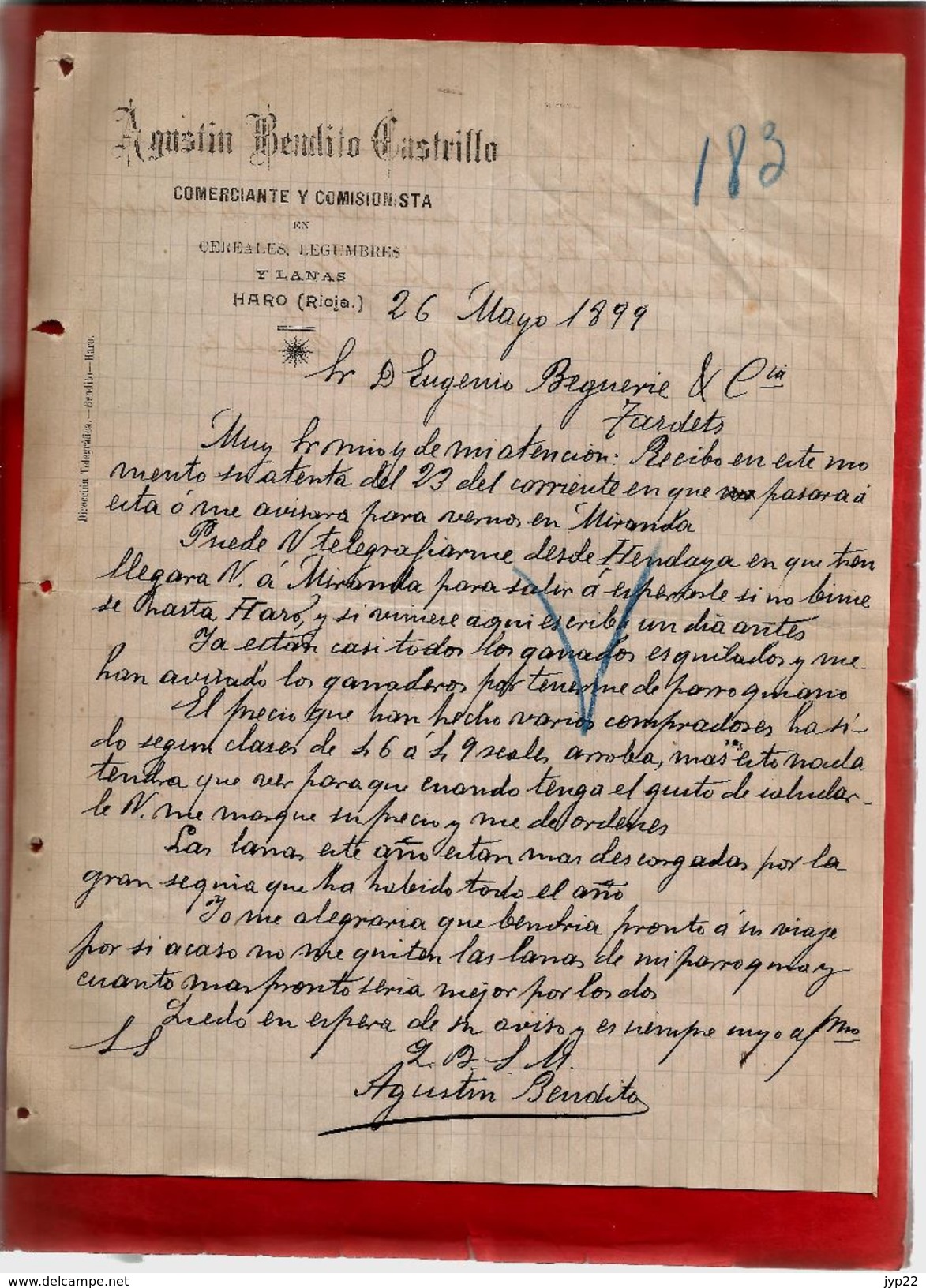 Courrier Espagne Agustin Bendito Castrillo Commerce Céréale Légumes Y Lanas Haro Rioja 26-05-1899 - écrit En Espagnol - Espagne