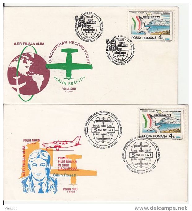 POLAR FLIGHTS, CALIN ROSETTI CIRCUMPOLAR RECORD FLIGHT, SPECIAL COVER, 2X, 1992, ROMANIA - Vuelos Polares