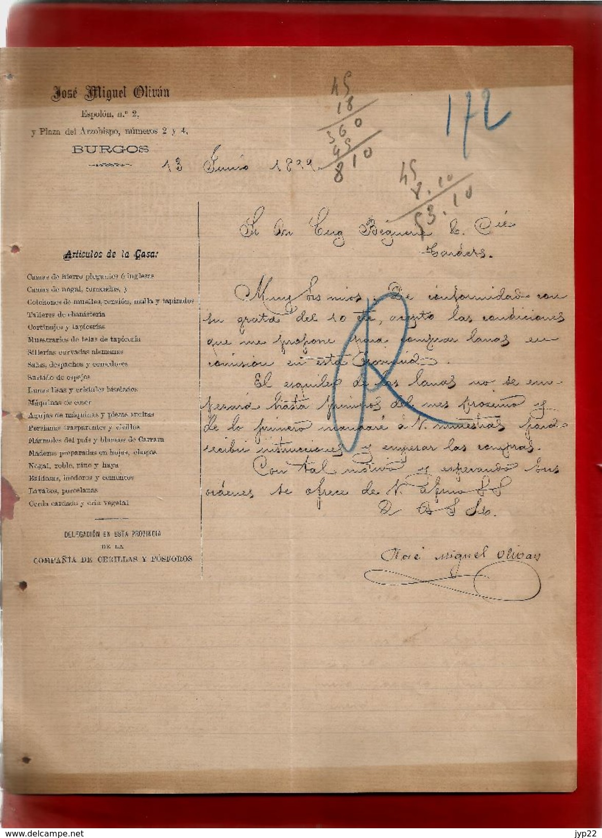 Courrier Espagne José Miguel Olivan Plaza Del Arzobispo Burgos 13-06-1899 - écrit En Espagnol - Espagne