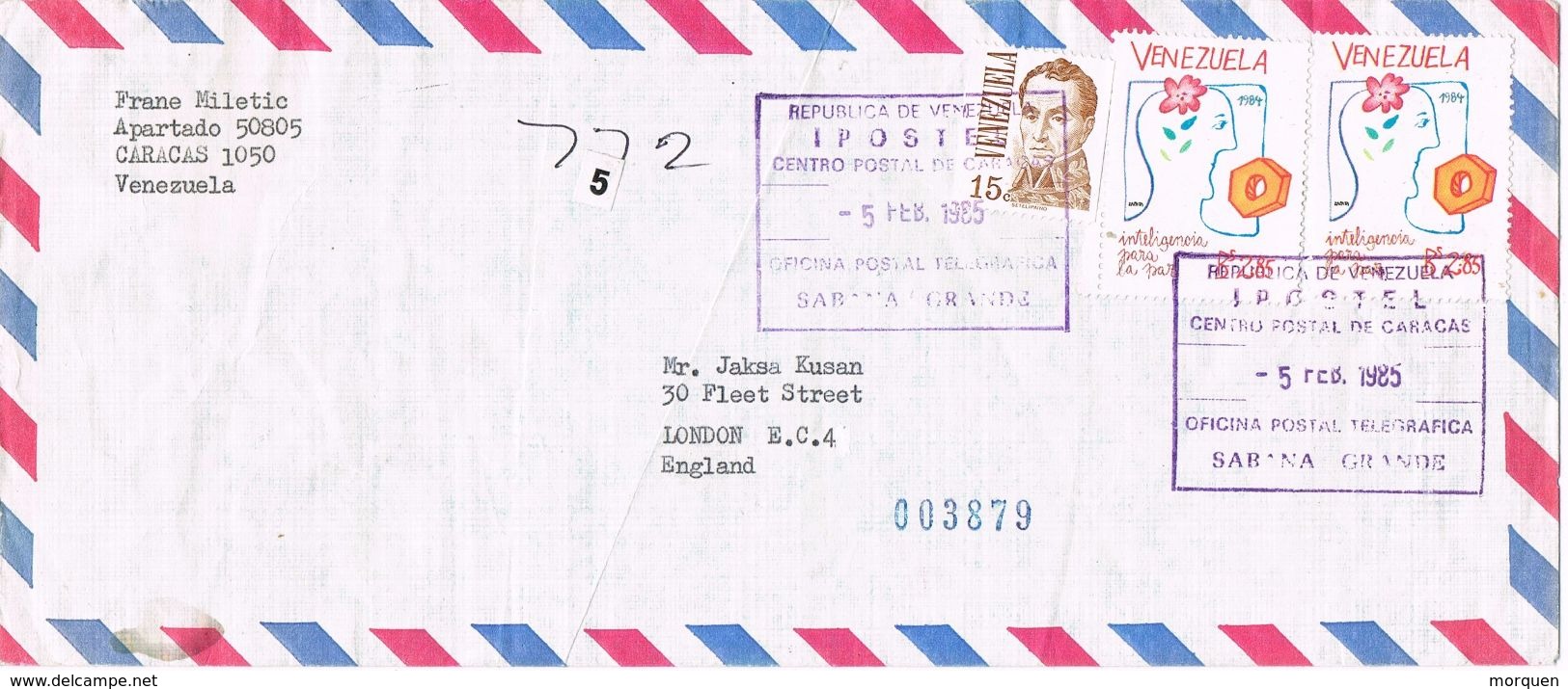 25583. Carta Aerea Certificada SABANA GRANDE.  CARACAS (Venezuela) 1985. Marca IPOSTEL - Venezuela