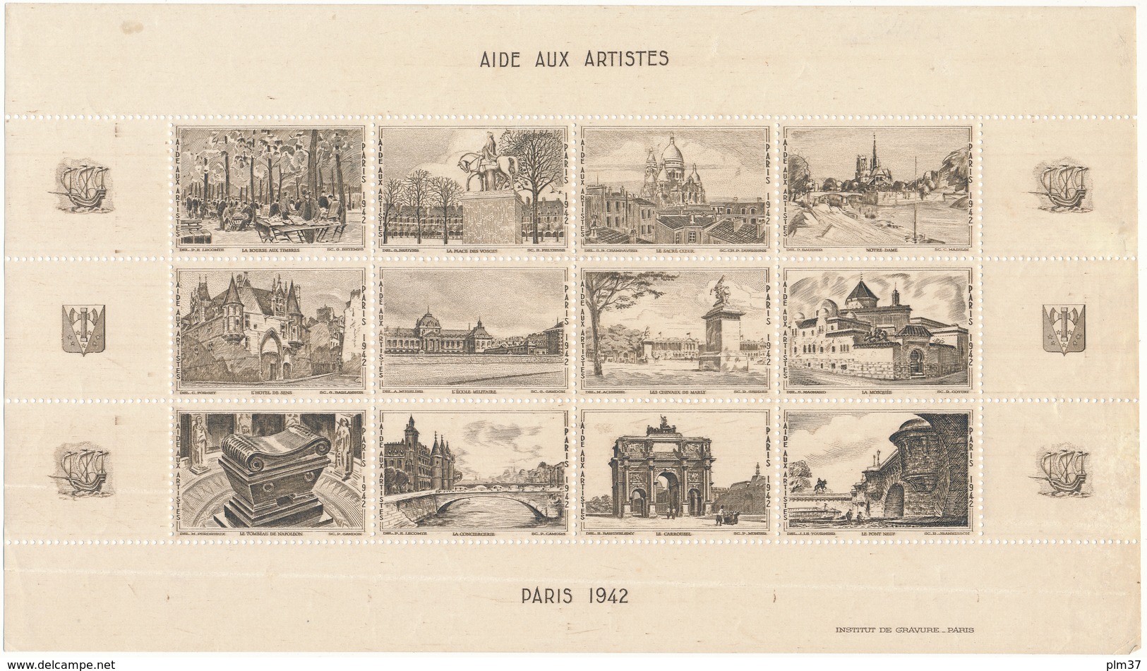 Aide Aux Artistes, PARIS 1942 - Planche De 12 Vignettes - Tourisme (Vignettes)