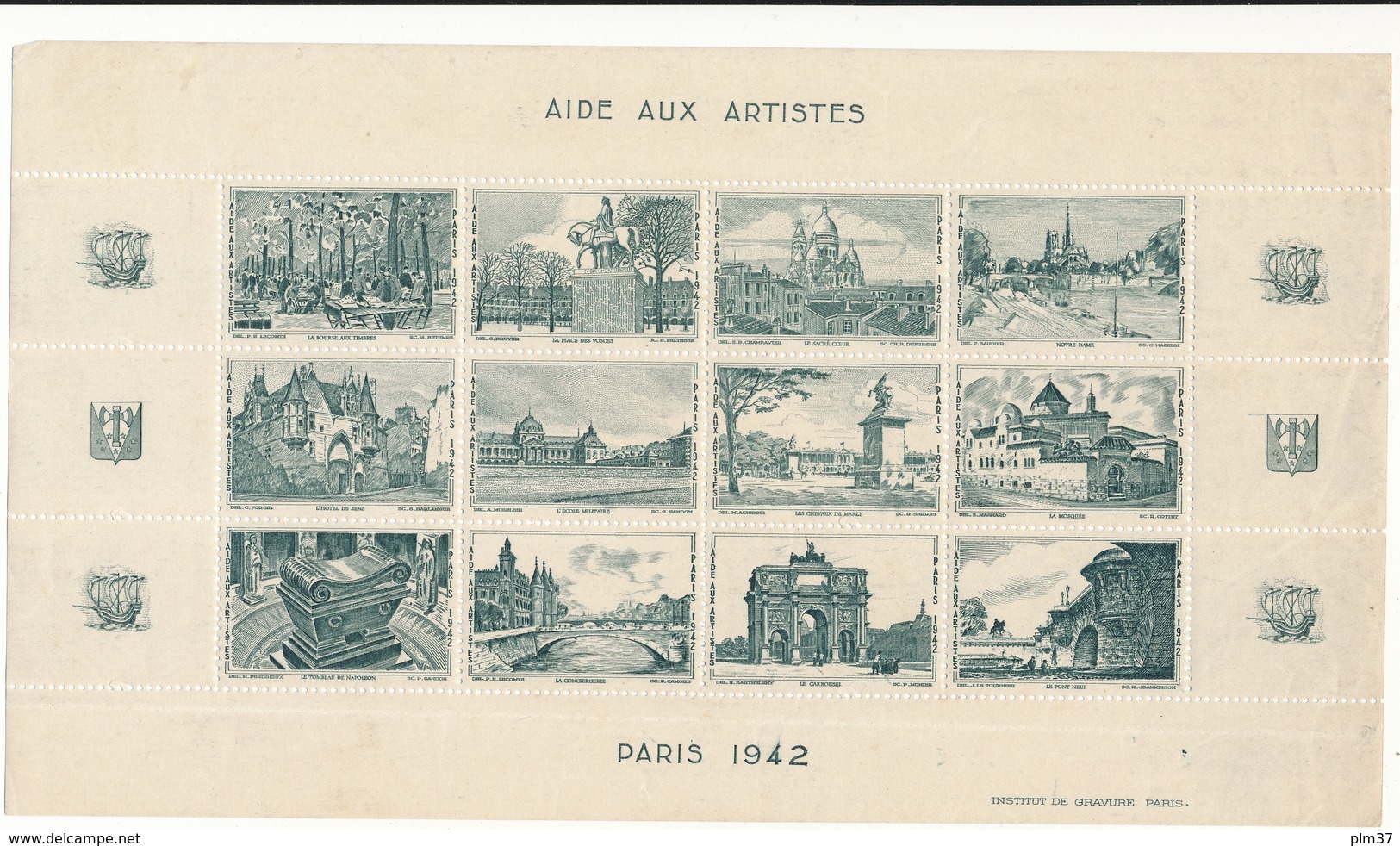 Aide Aux Artistes, PARIS 1942 - Planche De 12 Vignettes - Tourisme (Vignettes)