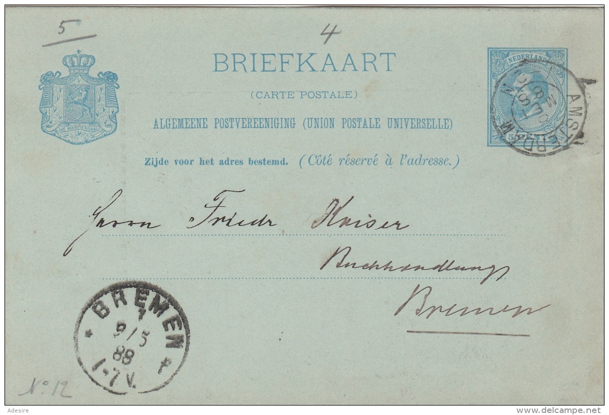 NEDERLAND 1888 - 5 C Ganzsache Postaal Gebruikt 1888, Amsterdam - Bremen - Briefe U. Dokumente