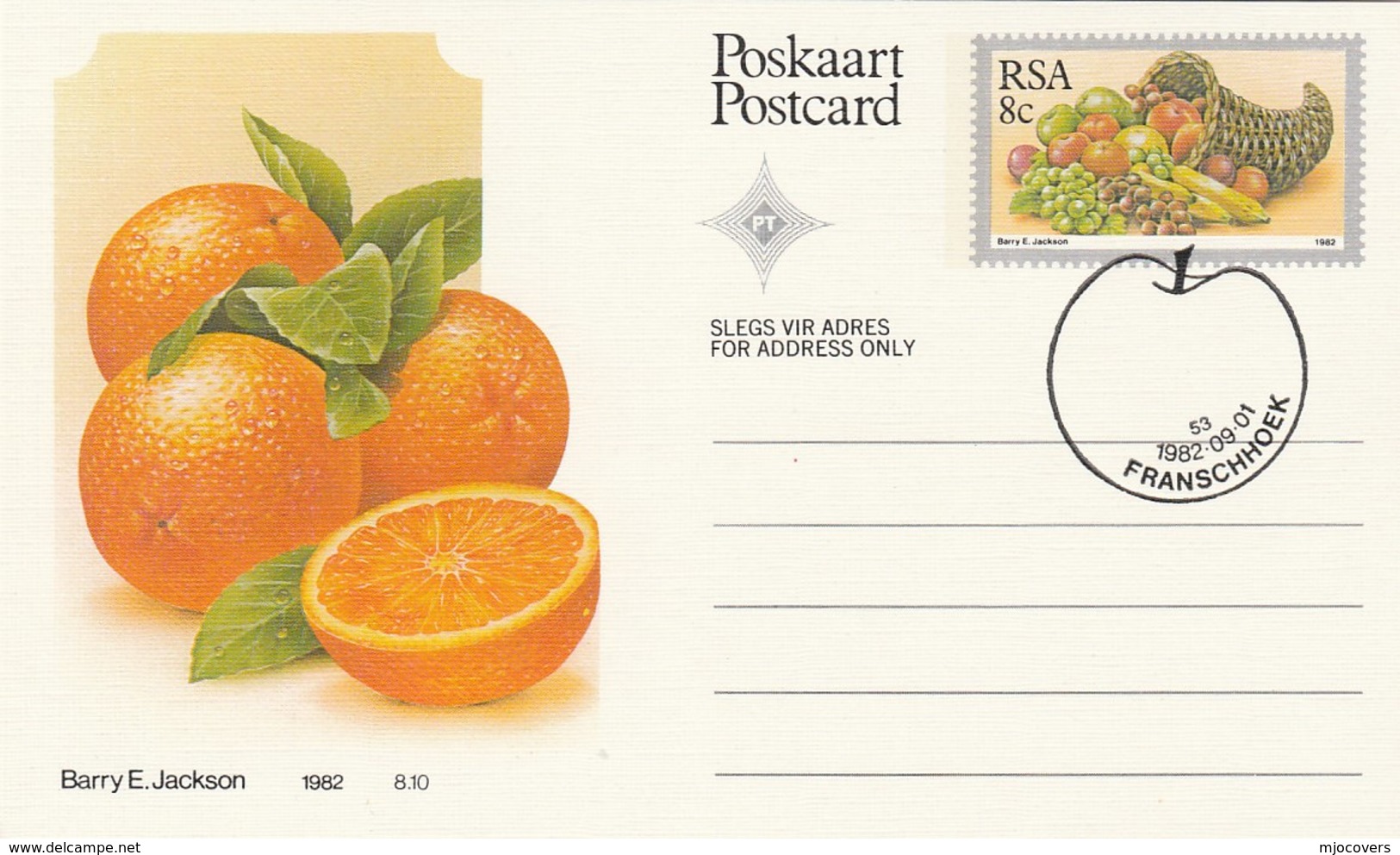 1982 First Day 8c SOUTH AFRICA Postal STATIONERY CARD Illus ORANGES FRUIT Cover Stamps Rsa Grapes  Banana - Fruits