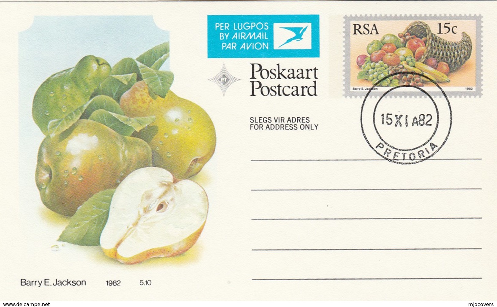 1982 First Day 8c SOUTH AFRICA Postal STATIONERY CARD Illus PEAR FRUIT Cover Stamps Rsa Grapes  Banana - Fruits