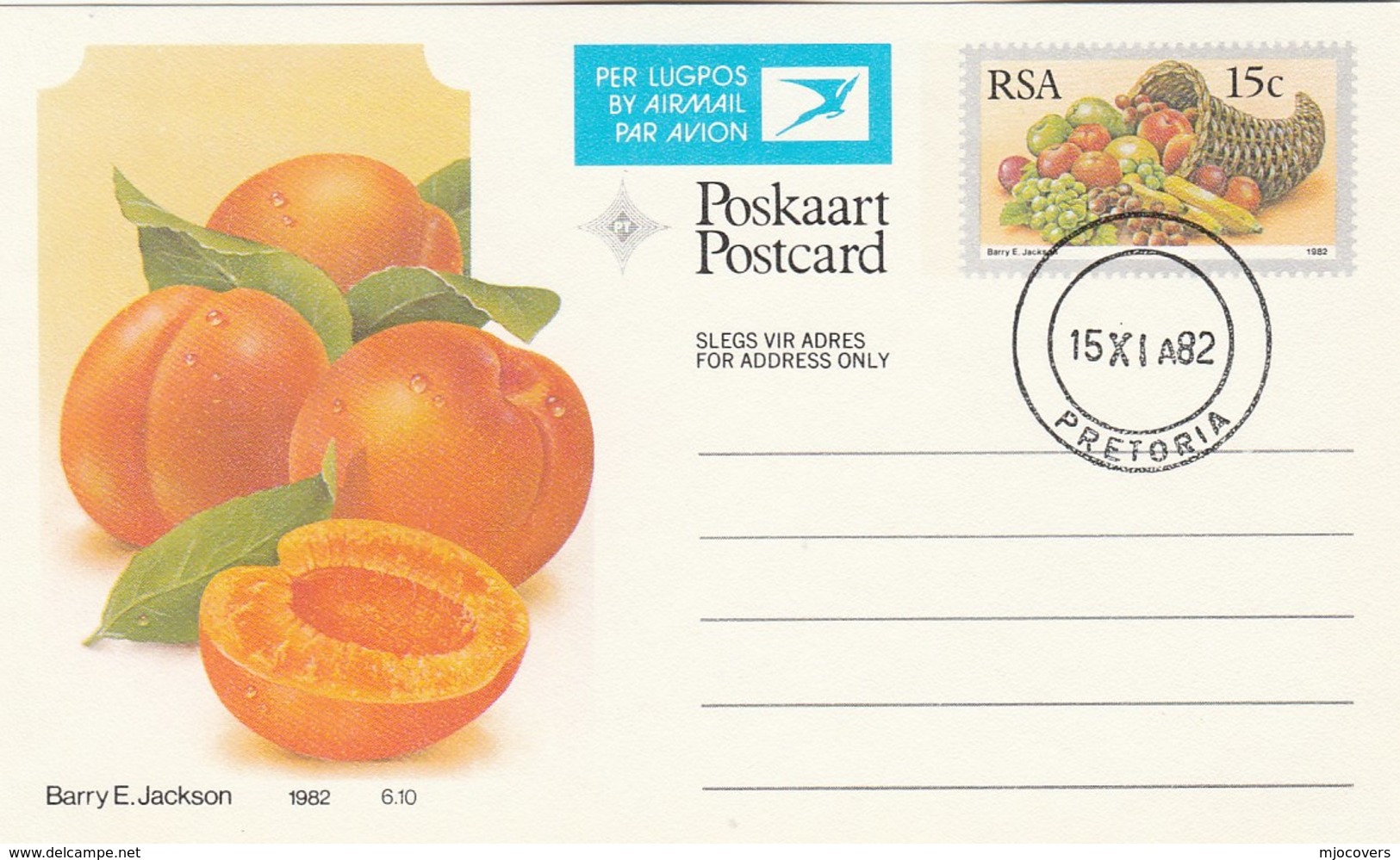 1982 First Day 8c SOUTH AFRICA Postal STATIONERY CARD Illus APRICOT FRUIT Cover Stamps Rsa Grapes  Banana - Fruits