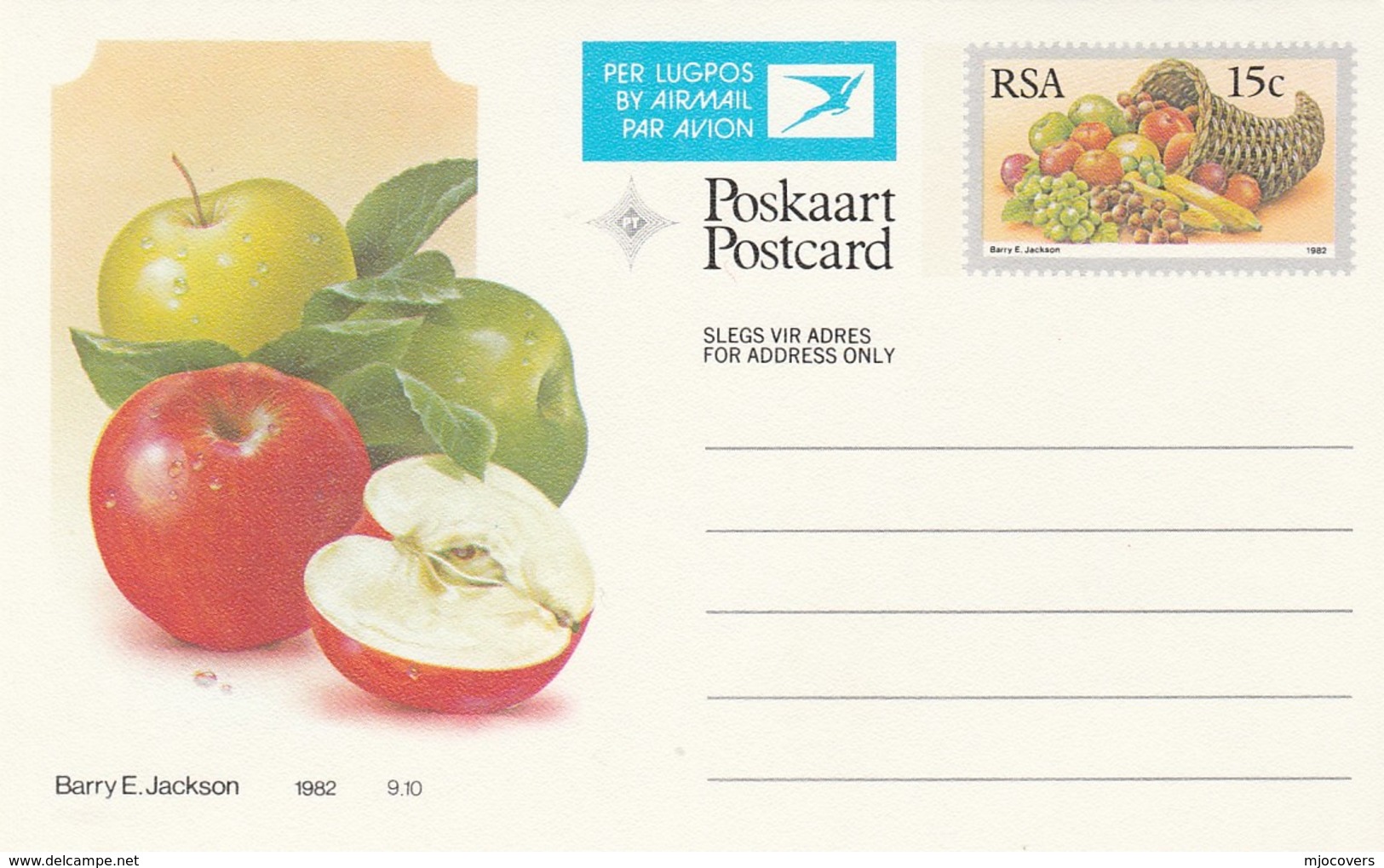 15c SOUTH AFRICA AIRMAIL Postal STATIONERY CARD Illus APPLE Cover Stamps Rsa Grapes  Banana - Fruits