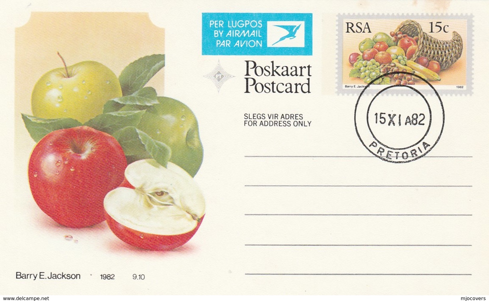 1982 First Day 15c SOUTH AFRICA AIRMAIL Postal STATIONERY CARD Illus APPLE Cover Stamps Rsa Grapes  Banana - Fruits