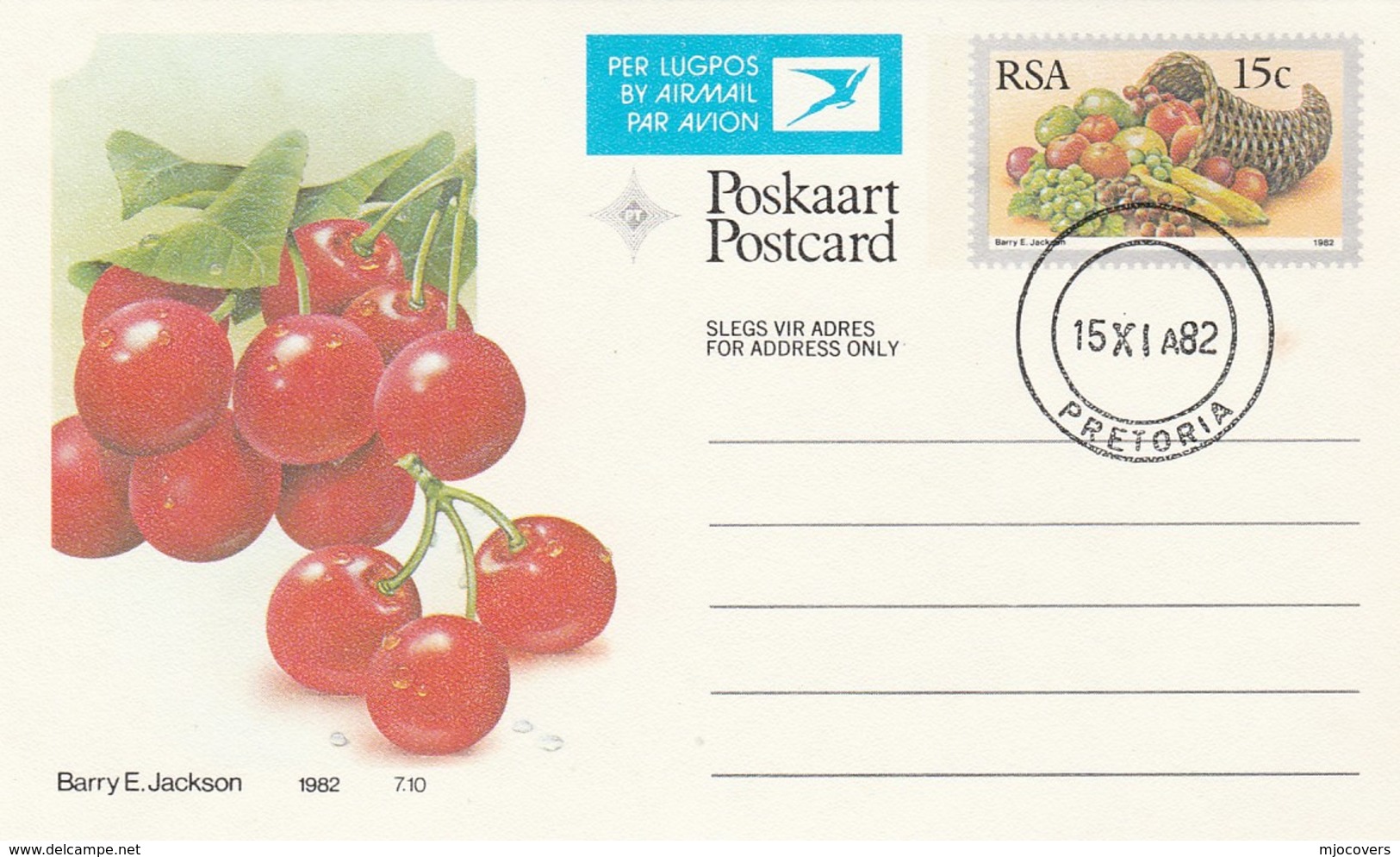 1982 First Day 15c SOUTH AFRICA AIRMAIL Postal STATIONERY CARD Illus CHERRIES FRUIT Cover Stamps Rsa Grapes  Banana - Fruits