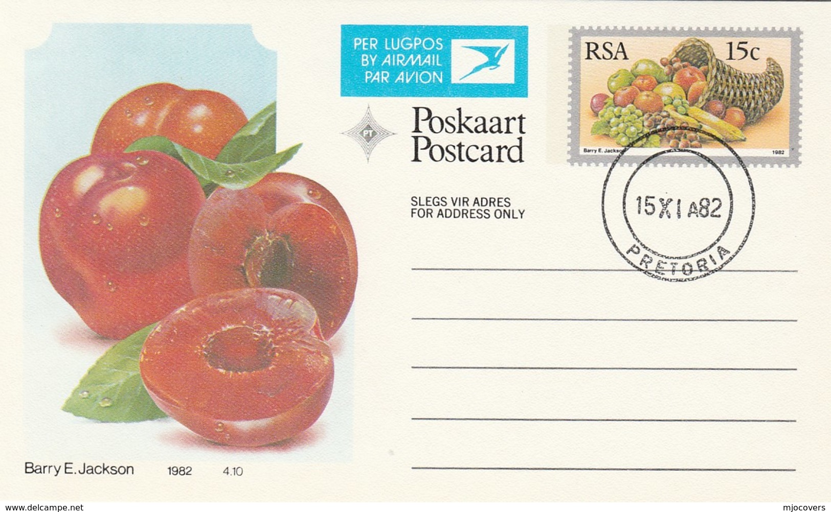 1982 First Day 15c SOUTH AFRICA AIRMAIL Postal STATIONERY CARD Illus PLUMB FRUIT Cover Stamps Rsa Grapes  Banana - Fruits