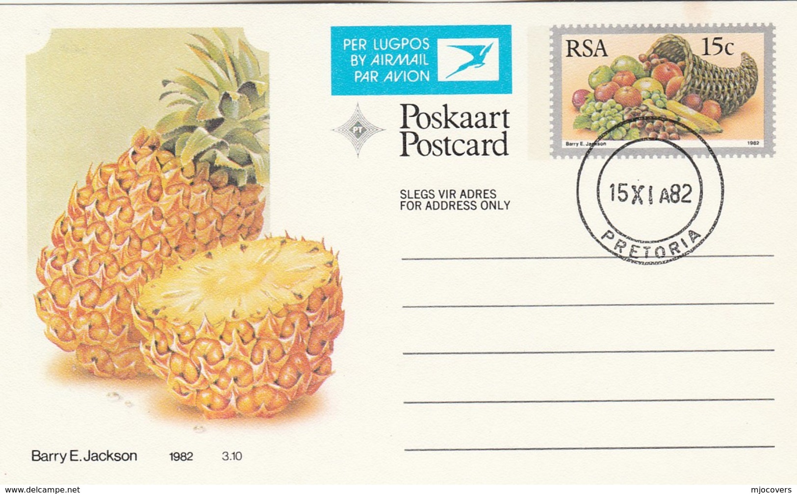 1982 First Day 15c SOUTH AFRICA AIRMAIL Postal STATIONERY CARD Illus PINEAPPLE FRUIT Cover Stamps Rsa Grapes  Banana - Fruits