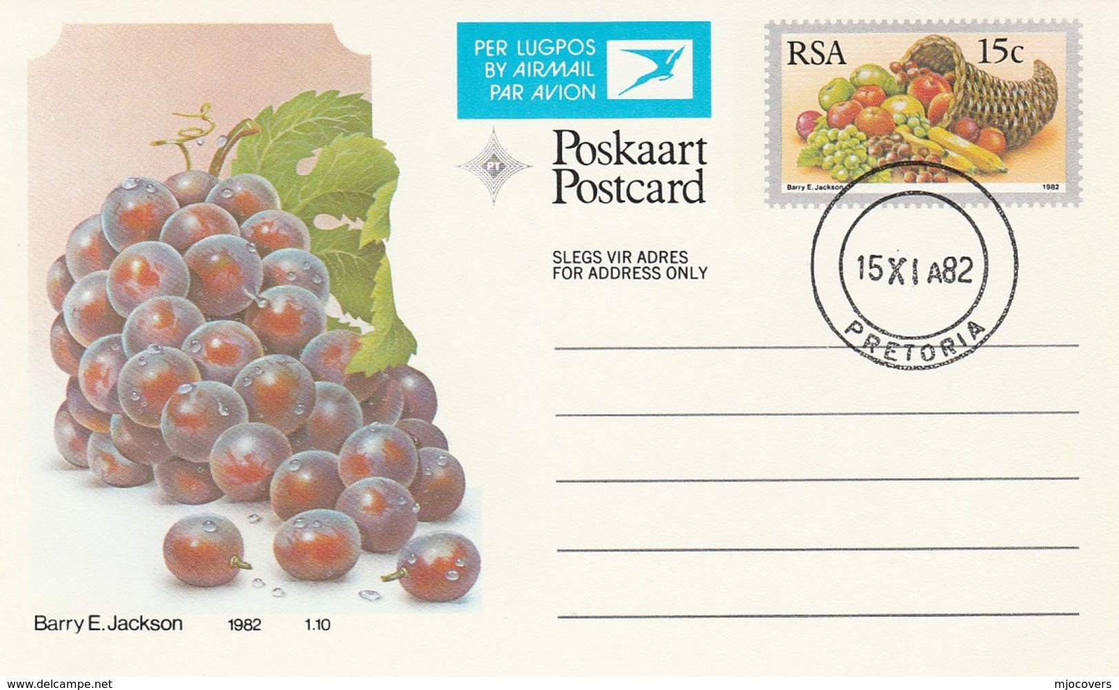 1982 First Day 15c SOUTH AFRICA AIRMAIL Postal STATIONERY CARD Illus GRAPES  FRUIT Cover Stamps Rsa  Banana - Fruits