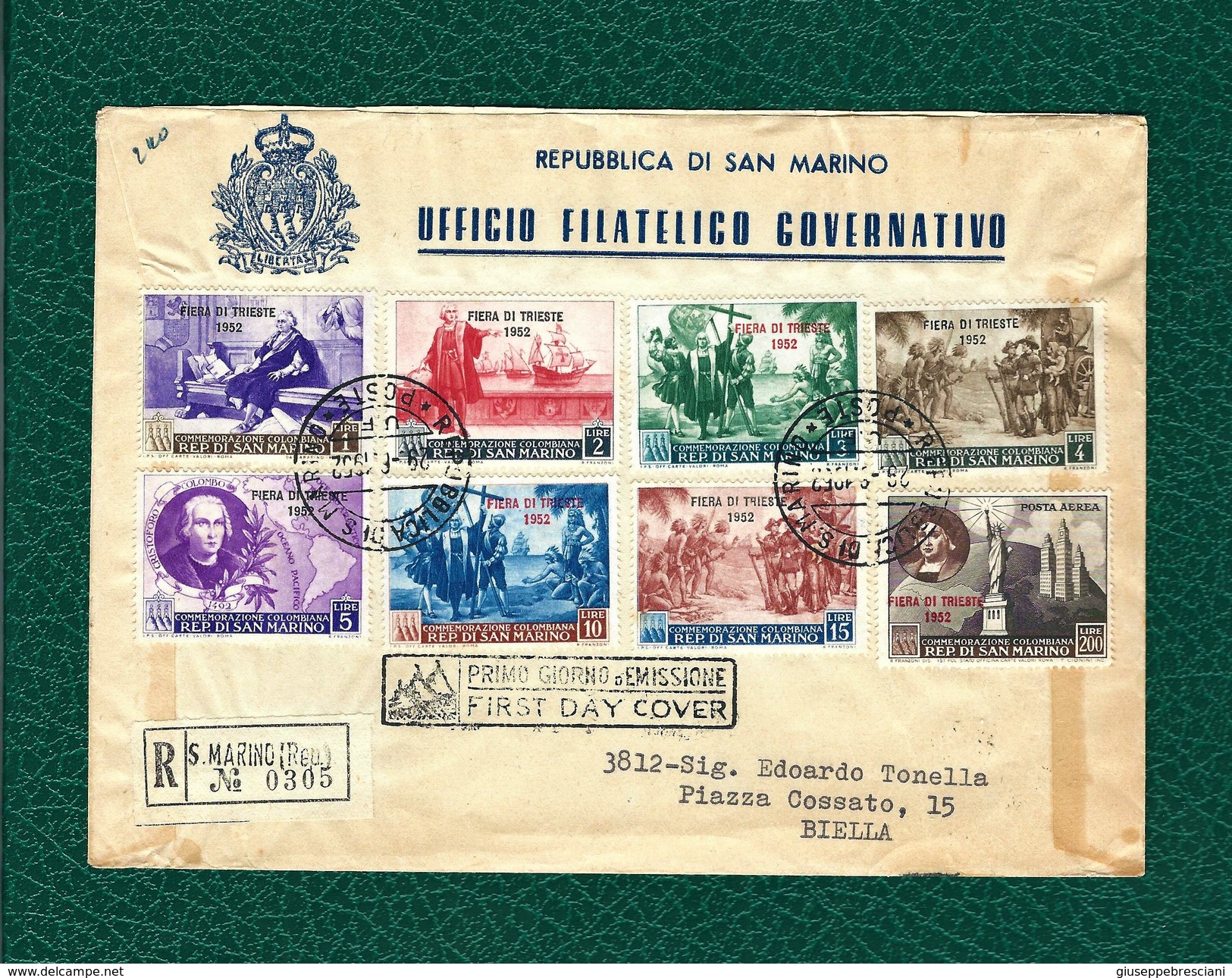 SAN MARINO 1952 - FDC - Fiera Di Trieste - 8 Valori Su Busta - Sa:SM S76 - FDC