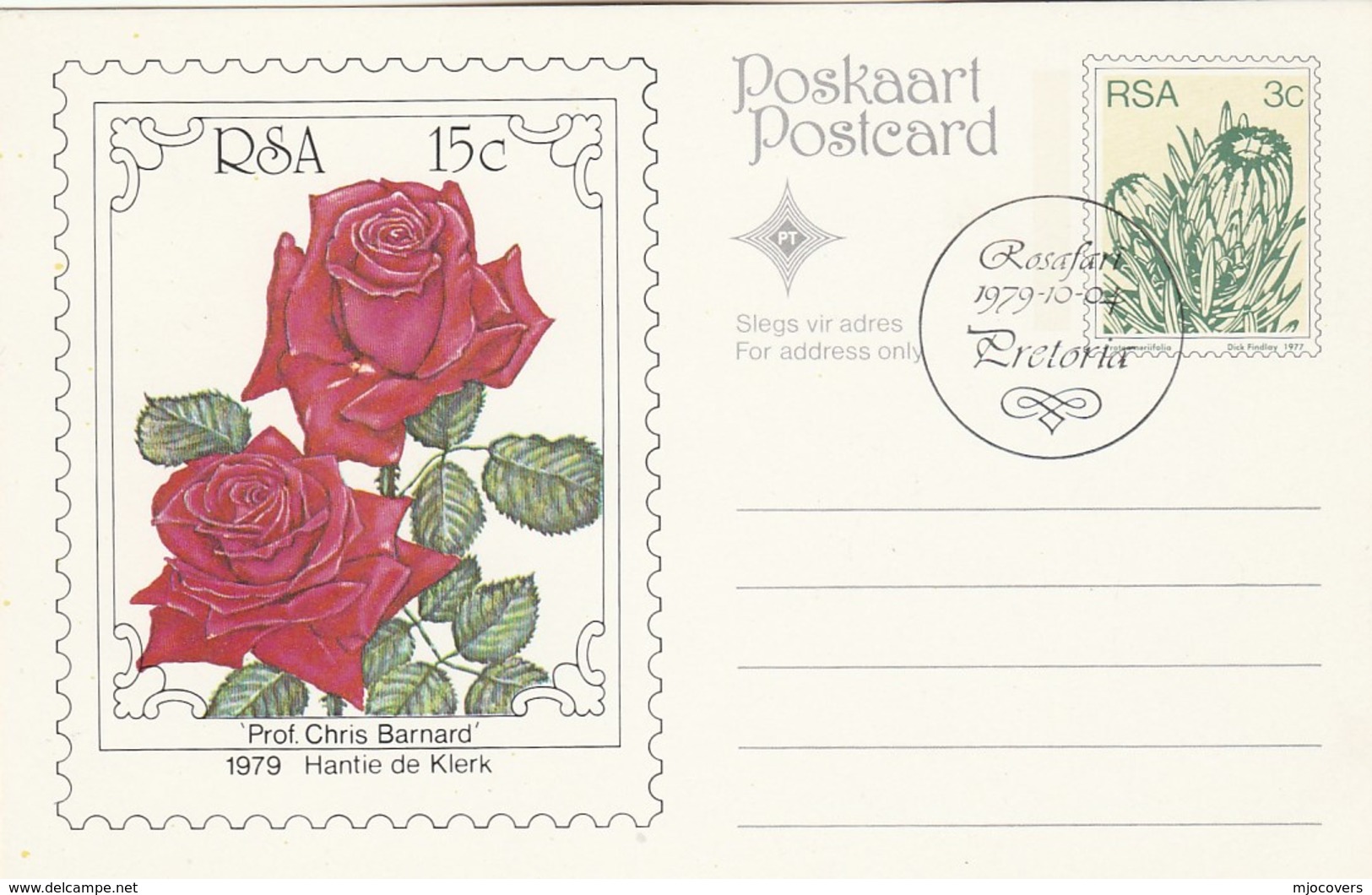 1979 First Day SOUTH AFRICA Postal STATIONERY CARD Illus ROSE PROF 'CHRIS BARNARD FLOWER Cover Stamp Rsa Health Medicine - Covers & Documents