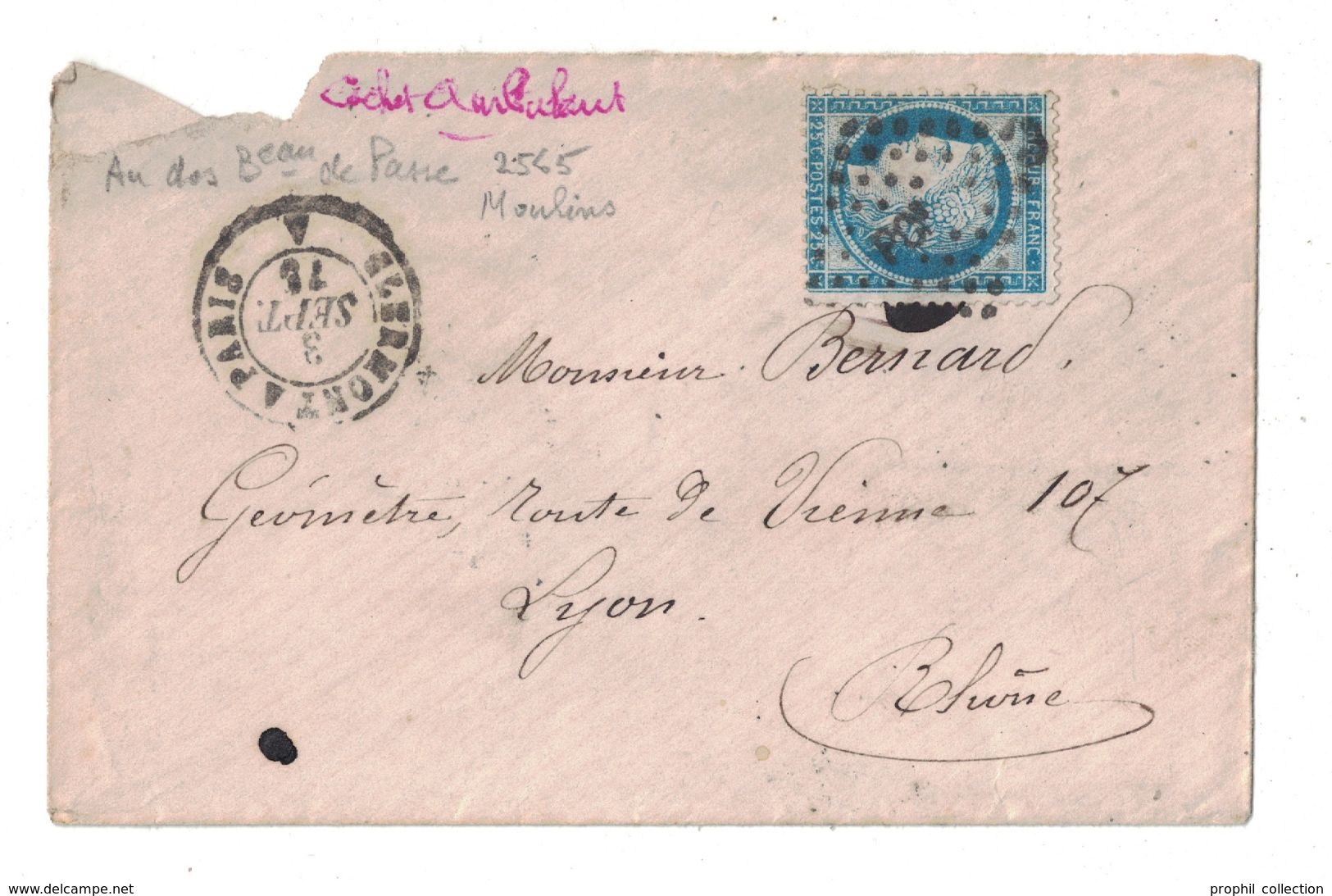 1875 - CACHET CAD AMBULANT CLERMONT À PARIS PCt Sur ENVELOPPE Pour LYON CERES N° 60 + BUREAU DE PASSE 2565 MOULINS - 1849-1876: Période Classique