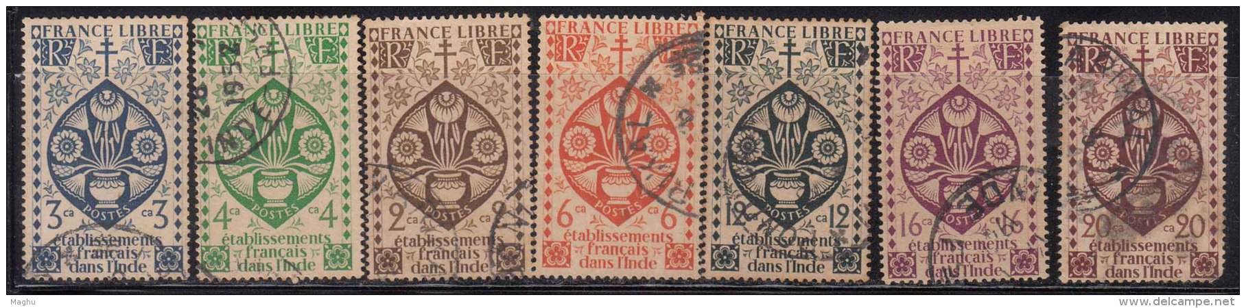 France, French India 1942, Used, 7 Values, Lotus, Flower, Plant, Christianity  Holy Cross - Used Stamps