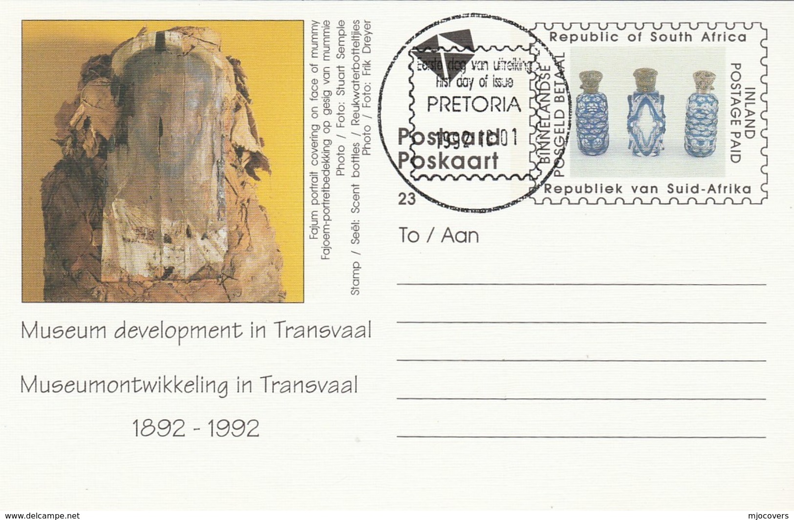 1992 First Day SOUTH AFRICA Postal STATIONERY CARD Illus FAJUM MUMMY Cover Stamps Rsa SCENT BOTTLES Art TRANSVAAL MUSEUM - Covers & Documents