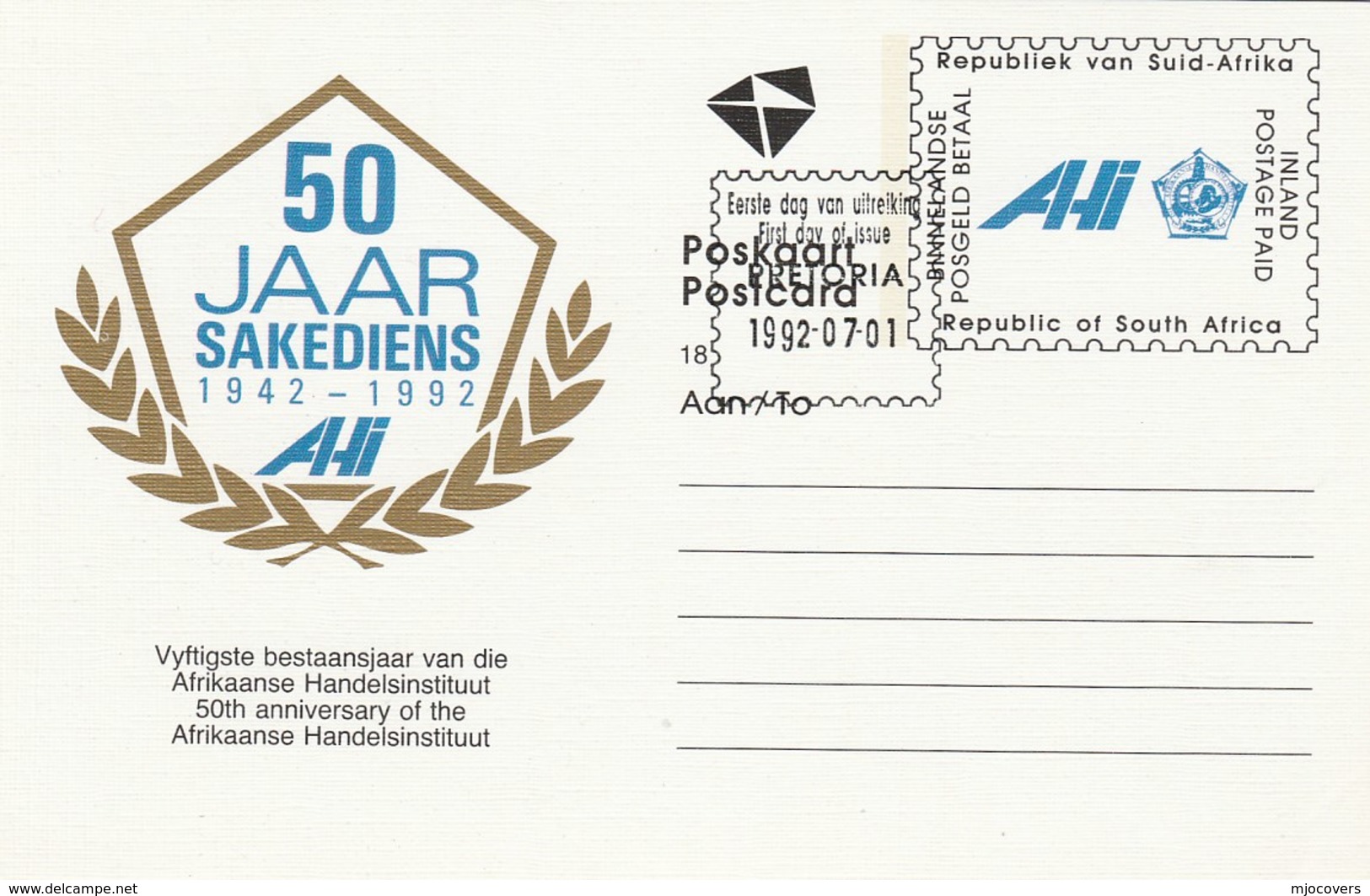 1992 First Day SOUTH AFRICA Postal STATIONERY CARD Illus 50th ANNIV AFRIKAANSE HANDELSINSTITUT  Cover Stamps - Cartas & Documentos