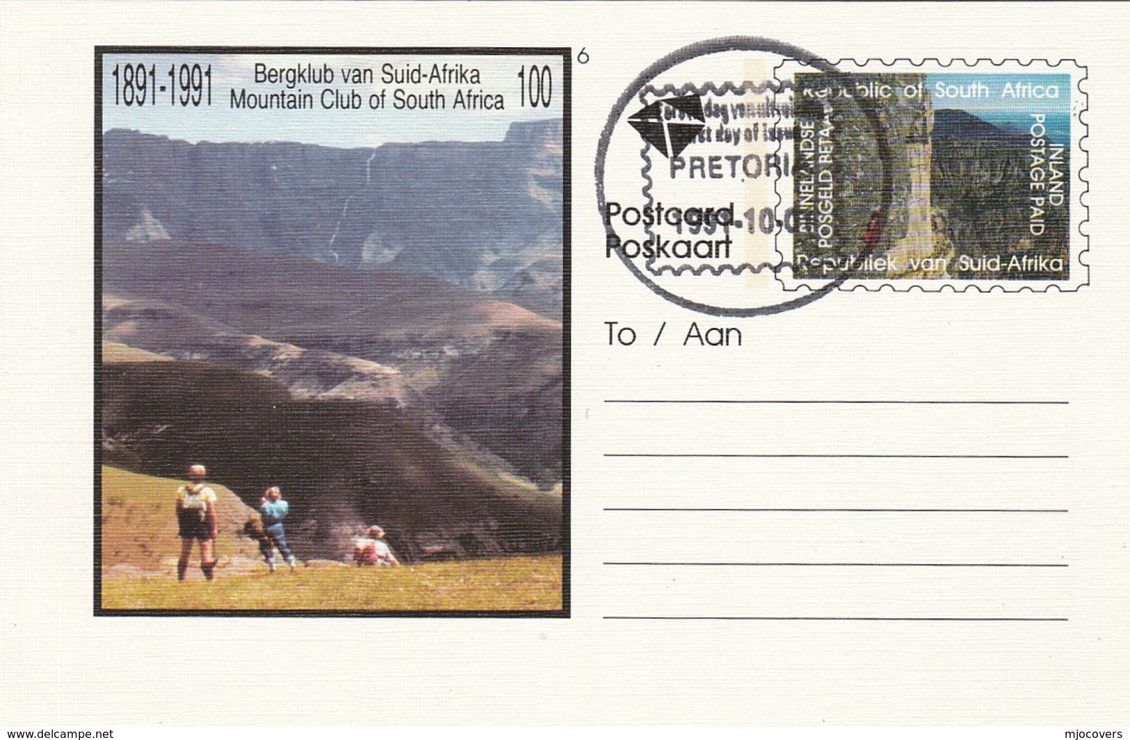 First Day SOUTH AFRICA Postal STATIONERY CARD Ilus MOUNTAIN CLUB CENTENARY Cover Stamp Rsa Climbing Sport Mountaineering - Briefe U. Dokumente