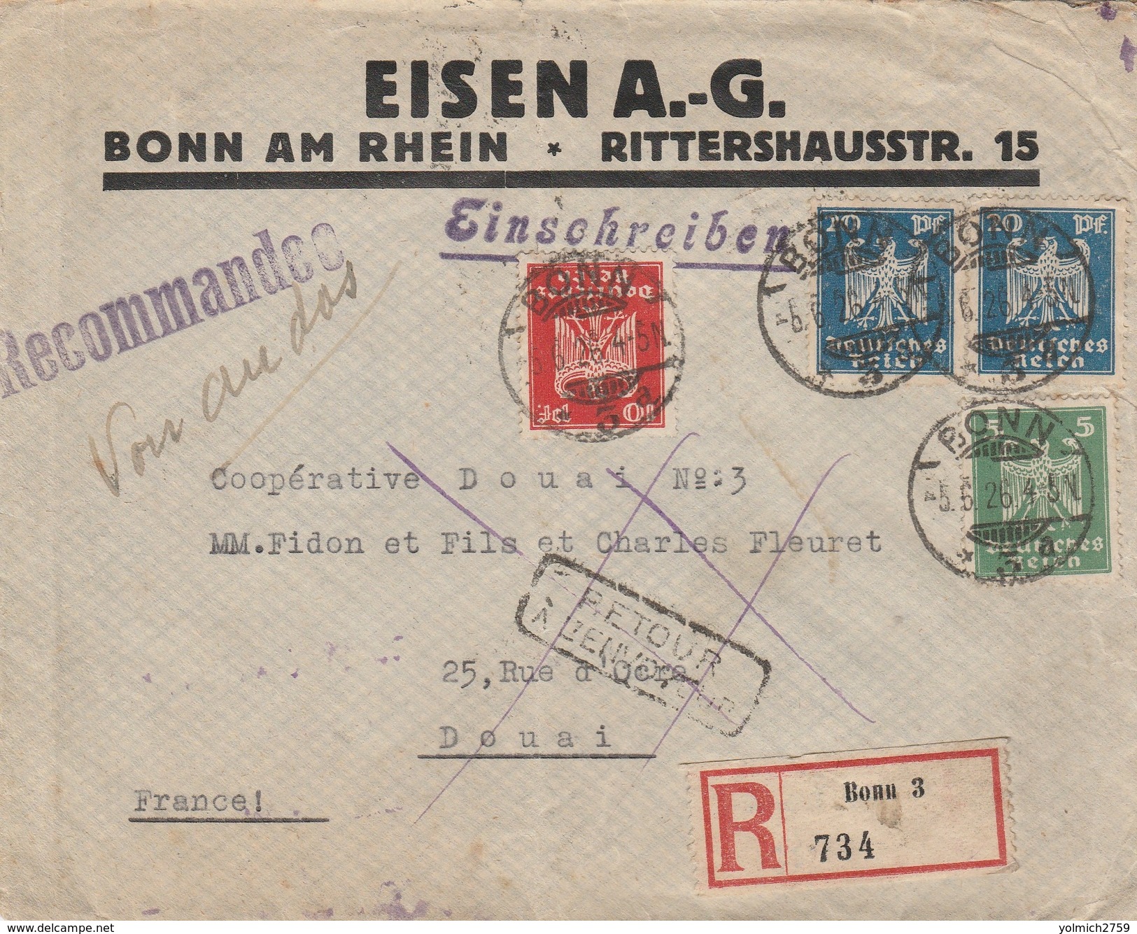 RETOUR à L'ENVOYEUR D'une L.R. De BONN (D) Du 5/6/24 Pour DOUAI Le 7/6 - LE DESTINATAIRE N'A PAS DÉPOSÉ LES PIECES ... - Manual Postmarks