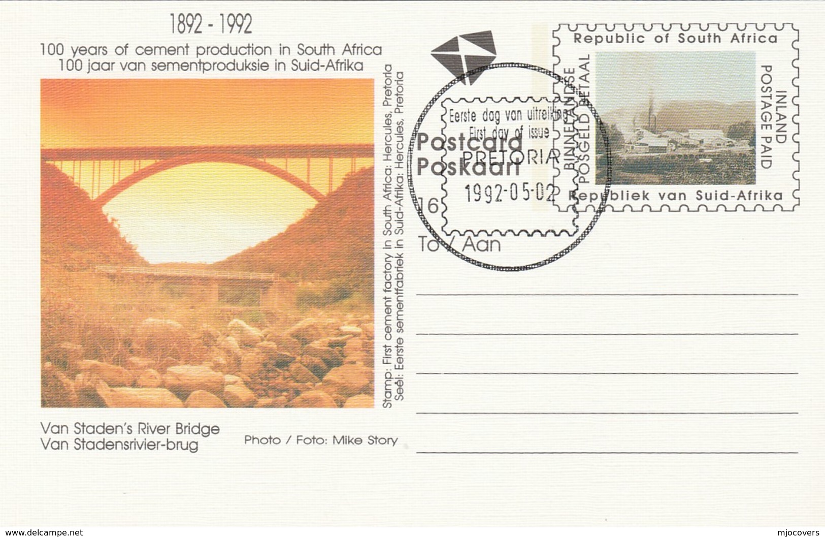 First Day SOUTH AFRICA Postal STATIONERY CARD Ilus CEMENT PRODUCTION ANNIV, VAN STADEN RIVER BRIDGE Cover Stamp Minerals - Covers & Documents