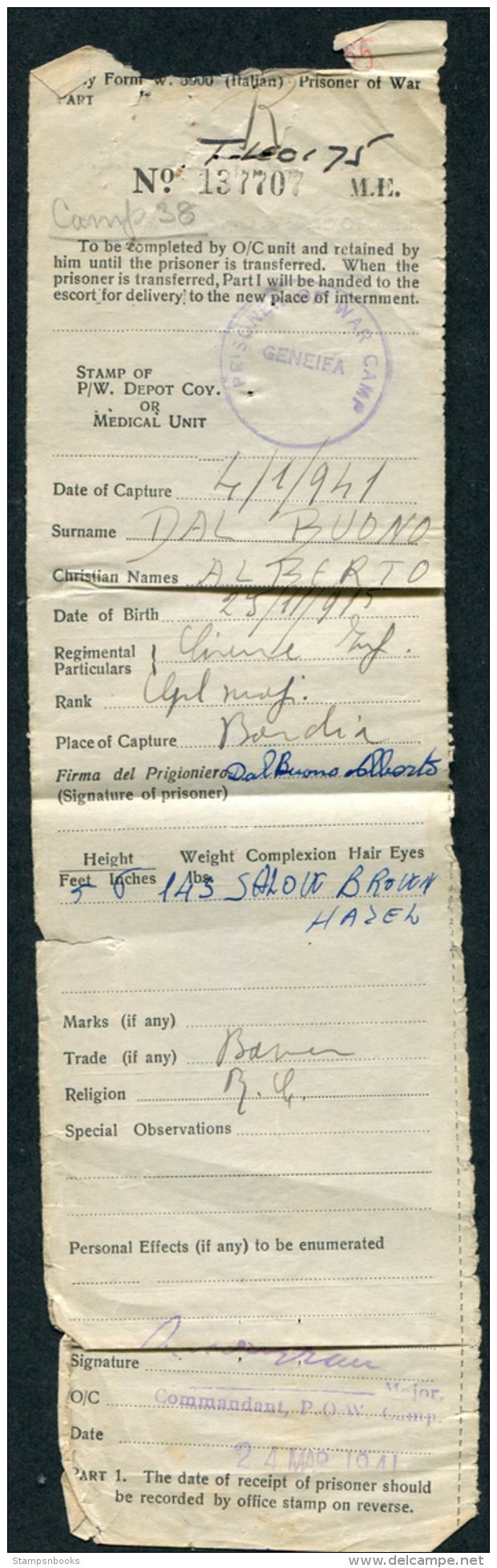 1941 GB POW Camp, Prisoner Of War, Italy Italian Document Geneifa - Covers & Documents