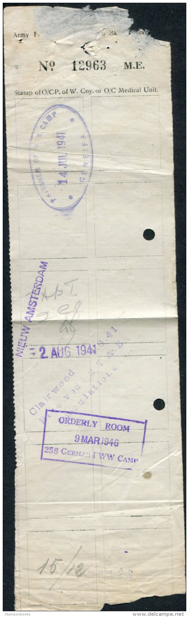 1941 GB POW Camp, Prisoner Of War, Italy Italian Document, Geneifa, Nieuw Amsterdam, Clairwood, German PWW 258 - Covers & Documents