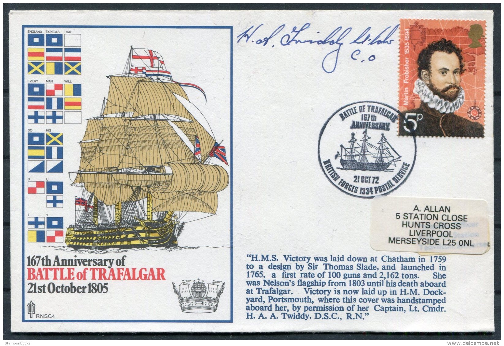 1972 GB Battle Of Trafalgar SIGNED Ship Cover. BFPS 1334 HMS VICTORY - Covers & Documents