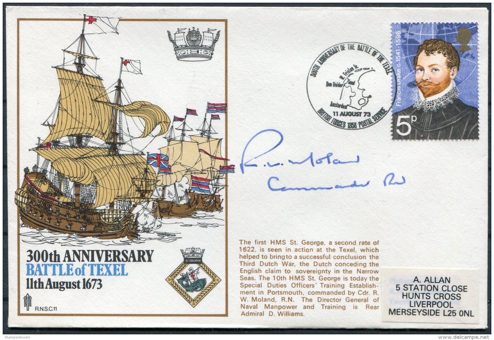 1973 GB Battle Of TEXEL SIGNED Ship Cover. BFPS HMS St. GEORGE. Dutch War, Netherlands - Covers & Documents
