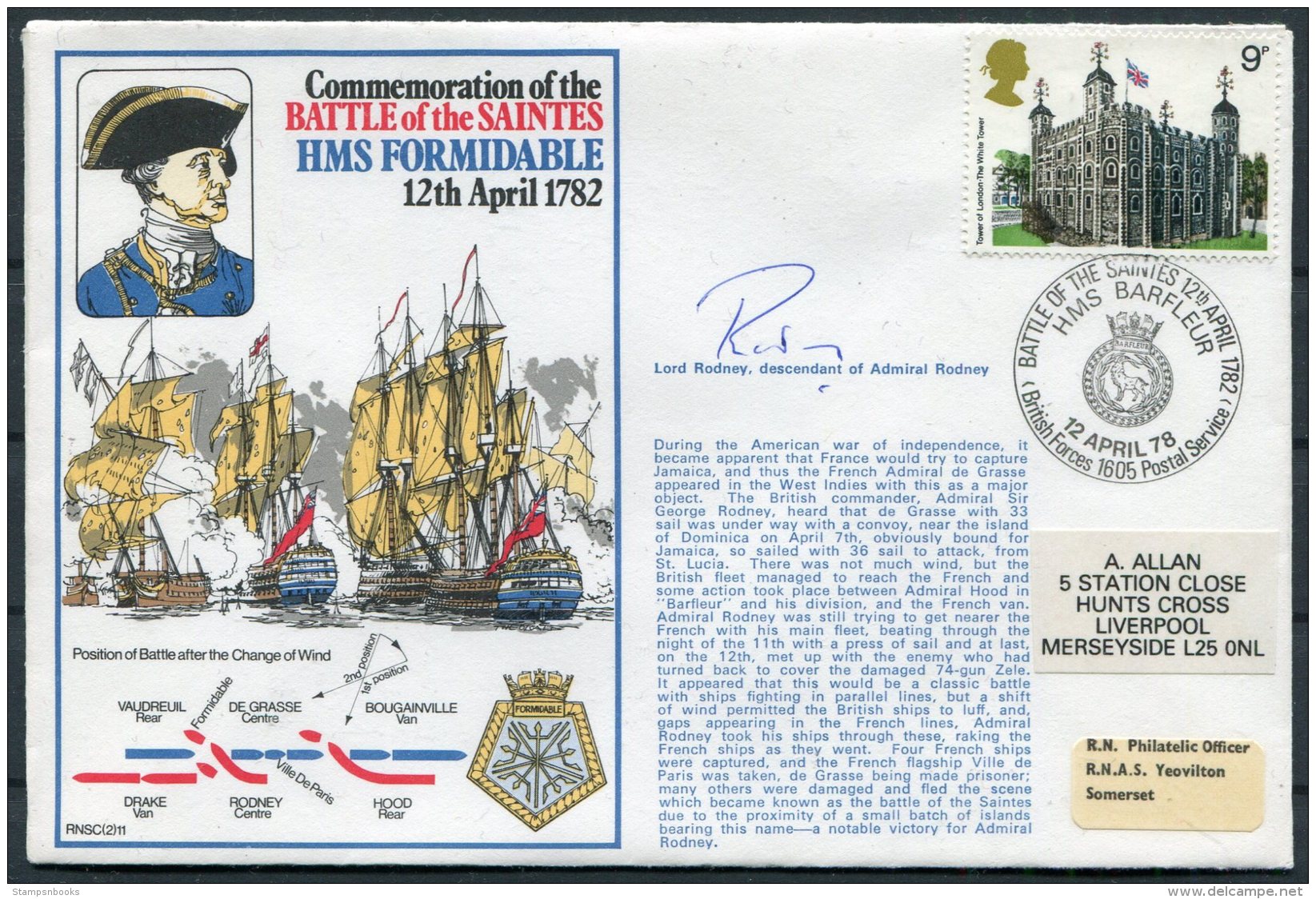 1978 GB Battle Of The Saintes SIGNED Ship Cover. BFPS 1605 HMS FORMIDABLE, Royal Navy - Covers & Documents