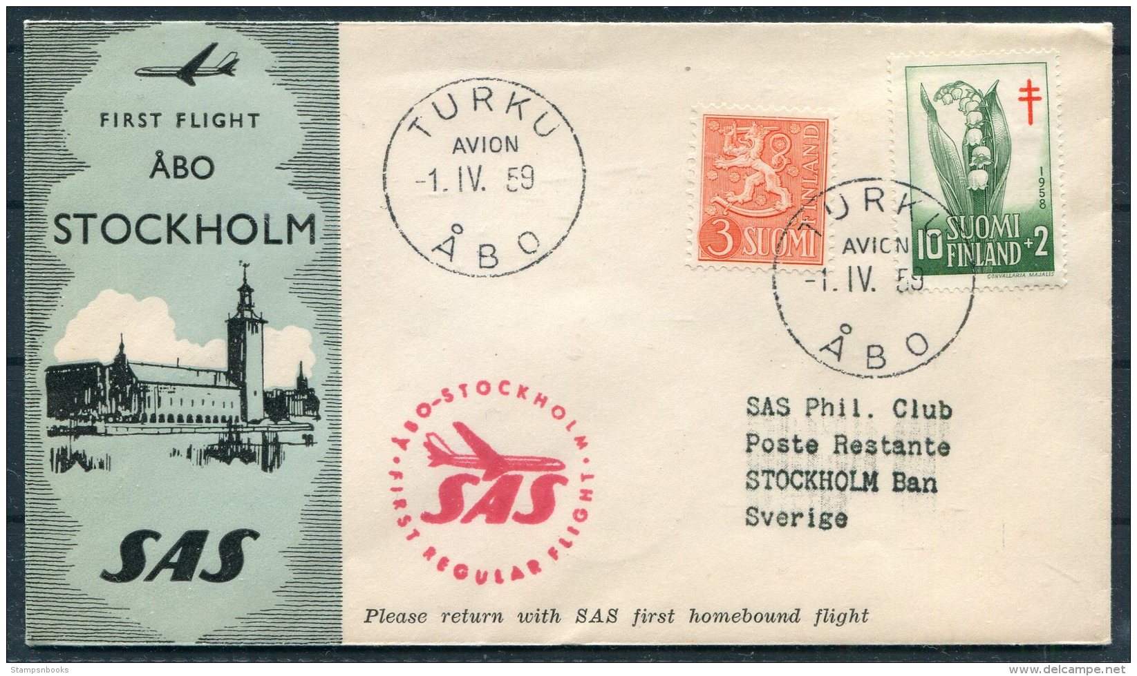 1959 Finland SAS First Flight Cover Turku - Stockholm Sweden - Covers & Documents