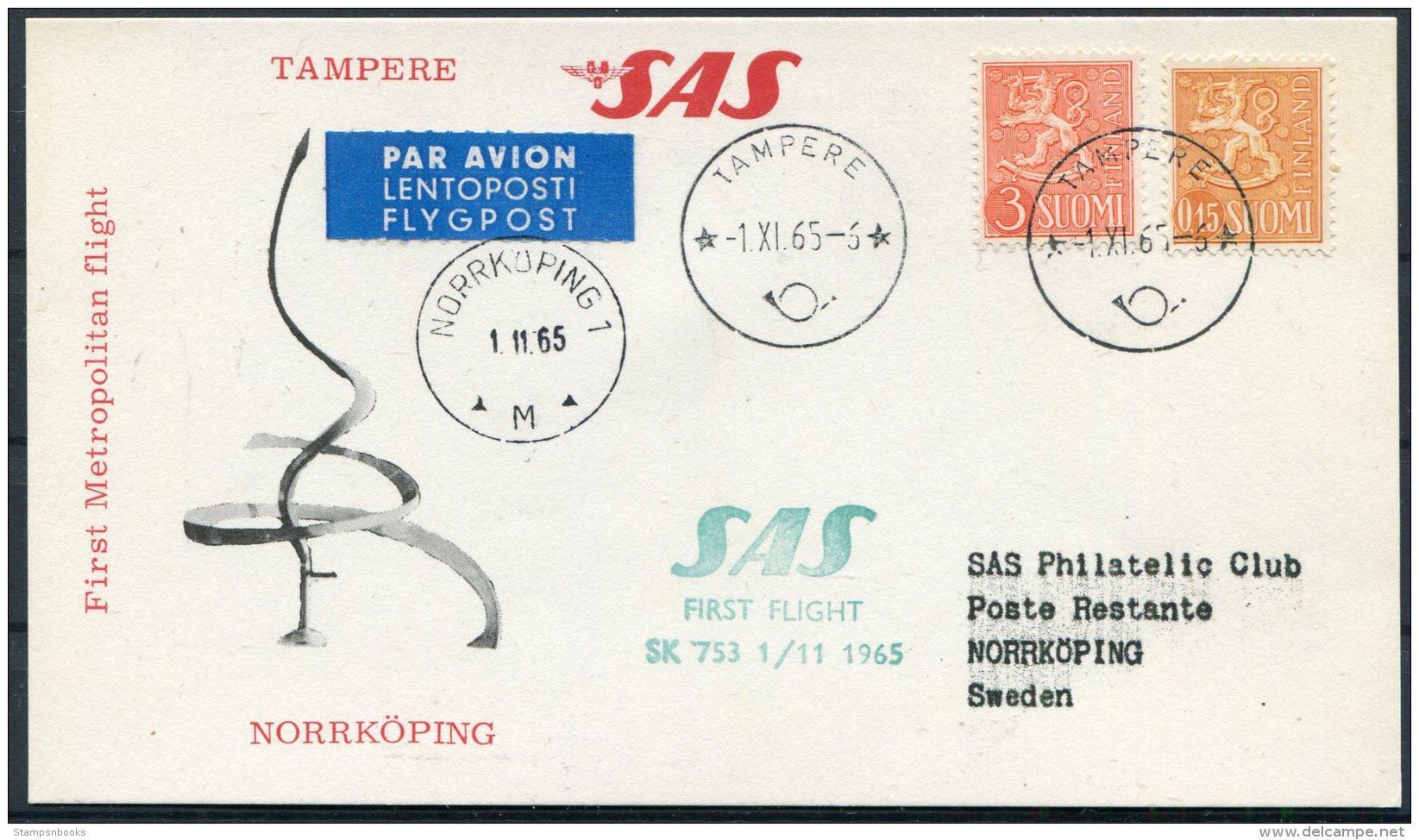 1965 Finland SAS First Flight Postcard Tampere - Norrkoping Sweden - Covers & Documents