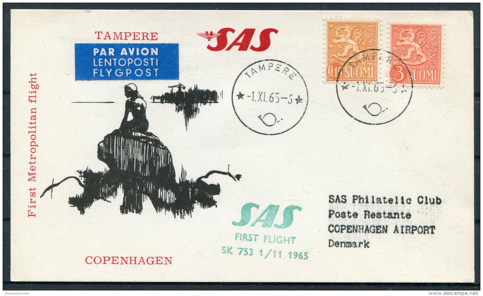 1965 Finland SAS First Flight Postcard Tampere - Copenhagen Denmark Mermaid - Covers & Documents