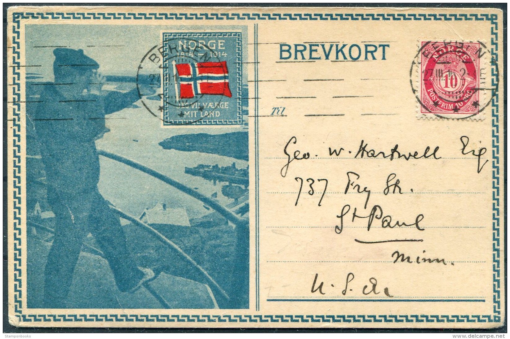 1916 Norway Bergen Patriotic Postcard - USA - Covers & Documents