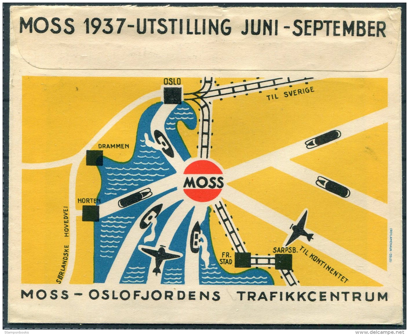 1937 Norway Moss Utstilling Oslofjordens Trafikkcentrum, Mosse Glass Illustrated Advertising Cover - Covers & Documents