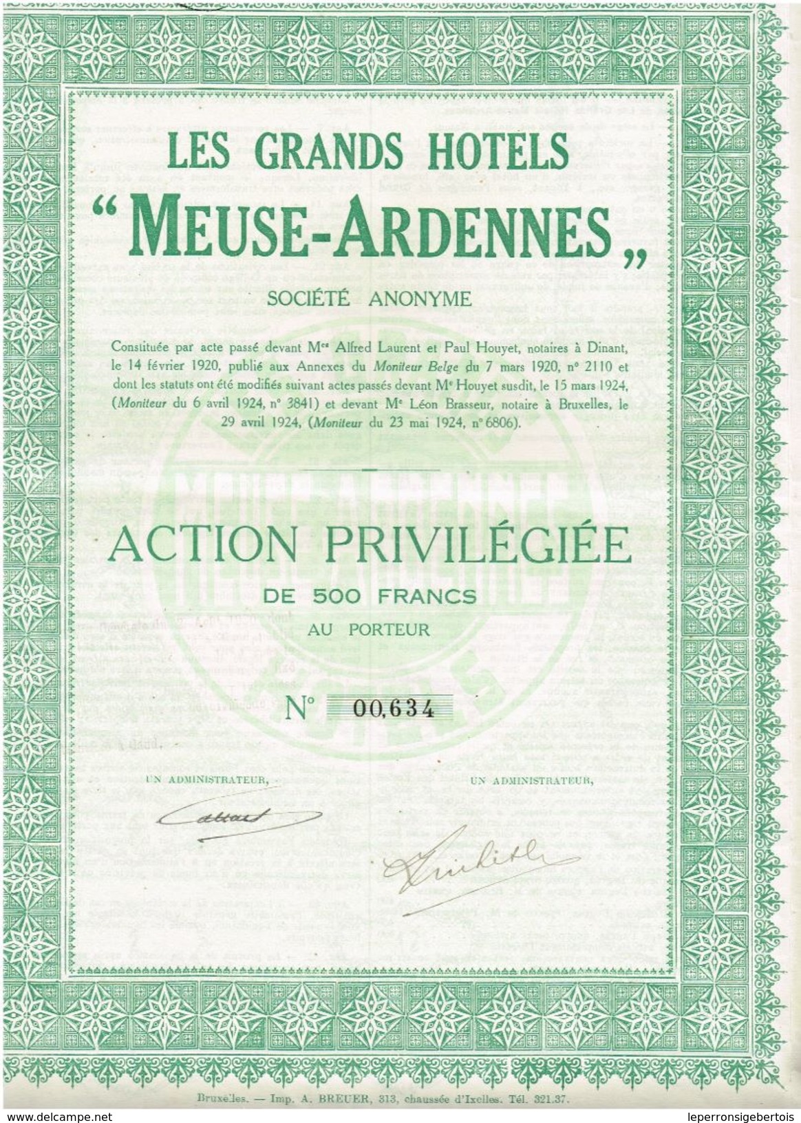 Action Ancienne - Les Grands Hôtels "Meuse-Ardennes" - Titre De 1924 -Belgique - Tourisme