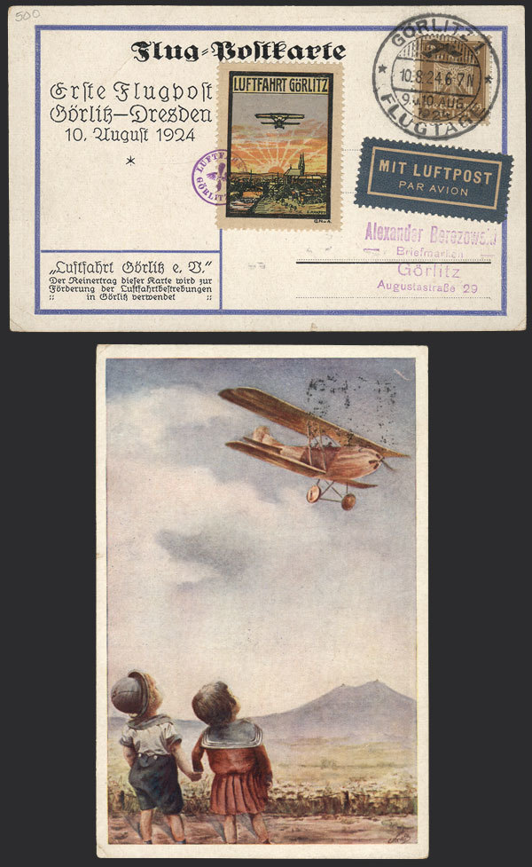 GERMANY 10/AU/1924 Görlitz - Dresden, First Flight: Card With Cinderella And Spe - Sonstige & Ohne Zuordnung