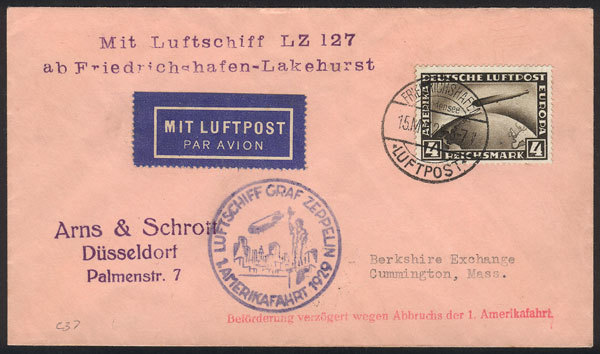 GERMANY 15/MAY/1929 Friedrichshafen - USA, By ZEPPELIN: Cover Franked With 4Mk. - Other & Unclassified