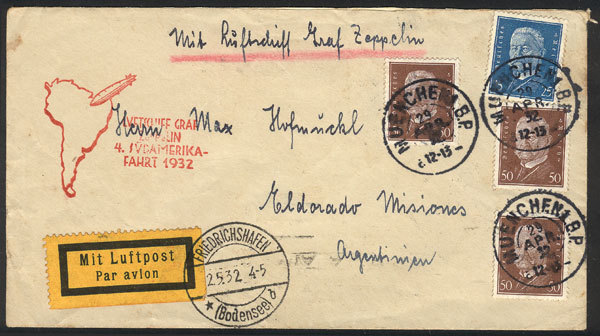 GERMANY 29/AP/1932 Muenchen - Eldorado (Argentina), By ZEPPELIN: Cover Franked W - Other & Unclassified