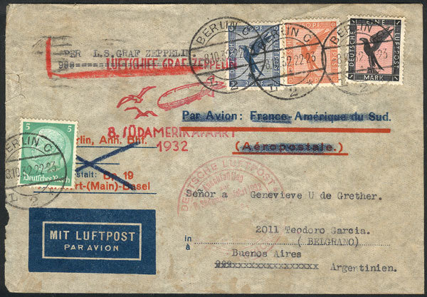 GERMANY Airmail Cover Sent By Zeppelin From Berlin To Argentina On 8/OC/1932, Mi - Otros & Sin Clasificación