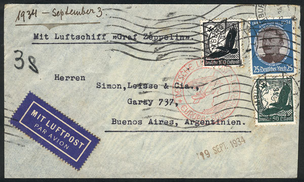 GERMANY Cover Flown By Zeppelin, Sent From Hamburg To Argentina On 14/SE/1934, V - Otros & Sin Clasificación