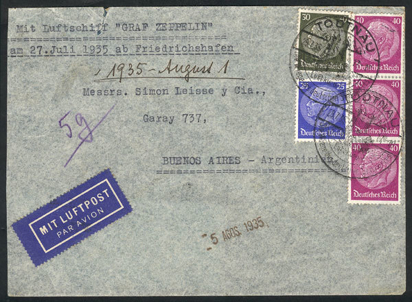 GERMANY 25/JUL/1935 Todtnau - Argentina, Cover Flown By Zeppelin, Small Tear At - Autres & Non Classés