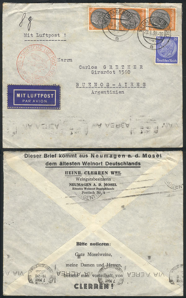 GERMANY Airmail Cover Sent From Neumagen To Argentina On 29/AP/1939 Franked With - Altri & Non Classificati