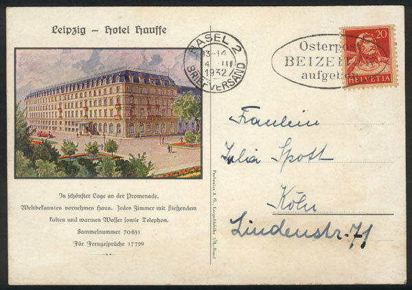 GERMANY LEIPZIG: Hotel Hauffe, Used In Switzerland In 1932, Very Nice! - Leipzig