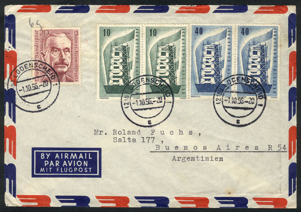 WEST GERMANY Airmail Cover Posted To Argentina On 1/OC/1956, Nice Postage, Topic - Storia Postale